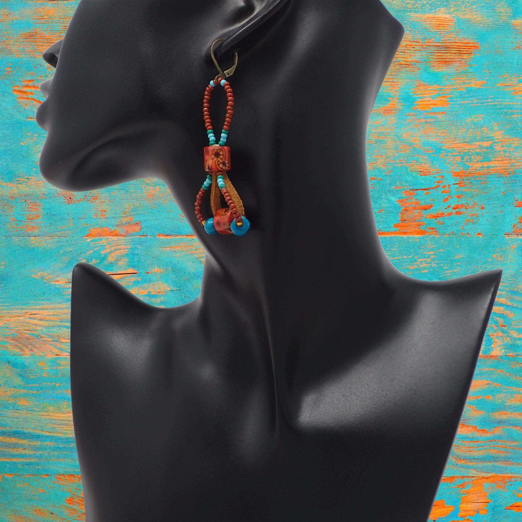 Brown and Teal Beaded Boho Earrings Long drop Amizest